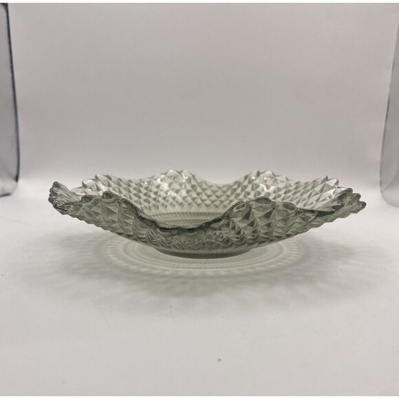 Indiana Glass Clear/Gray Diamond Point Cut Glass Round Candy Dish Ruffled Edge‎ - Picture 4 of 5